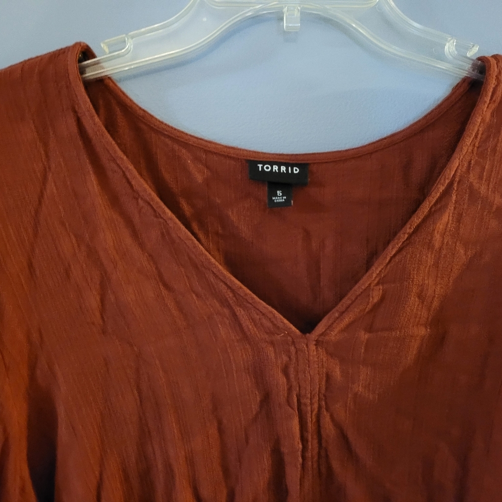 TORRID Brick Red Textured Tie Front Midi Blouse - Picture 4 of 9